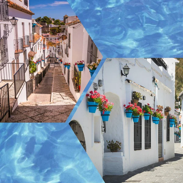 Collage van Mijas met bloempotten in gevels. Andalusische witte dorp. Costa del Sol — Stockfoto