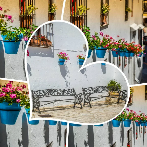 Collage of Mijas with flower pots in facades. Andalusian white village. Costa del Sol — Stock Photo, Image