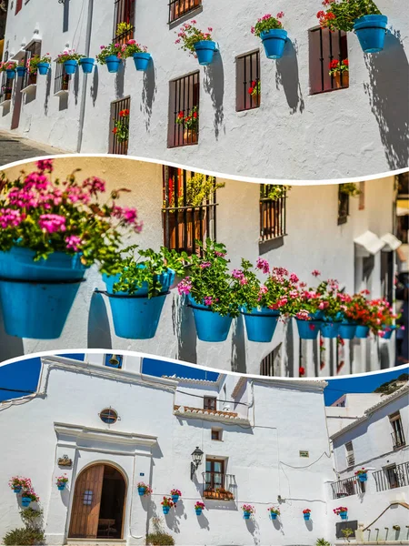 Collage van Mijas met bloempotten in gevels. Andalusische witte dorp. Costa del Sol — Stockfoto