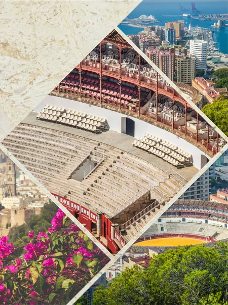 Collage von Malaga mit Stierkampfarena und Hafen. Spanien — Stockfoto