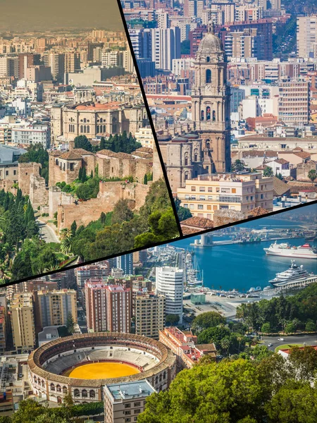 Collage de Málaga con plaza de toros y puerto. España — Foto de Stock
