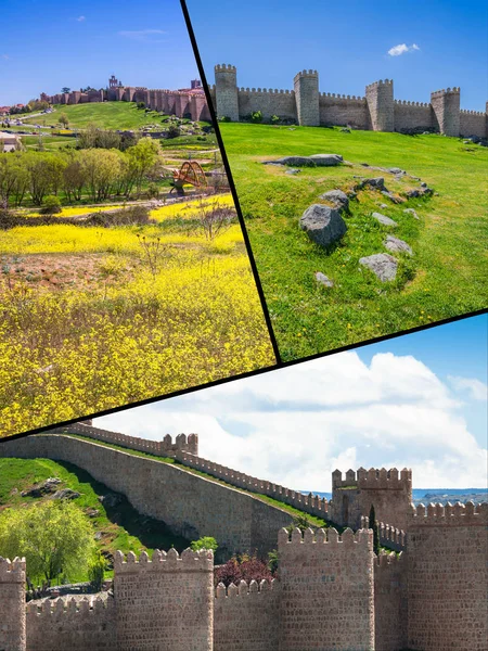 Avila, İspanya'nın ortaçağ şehir duvarlarının kolaj. — Stok fotoğraf