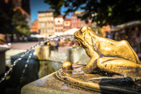 Бронзовая позолоченная скульптура лягушки, наливающая воду, детали фонтана — стоковое фото