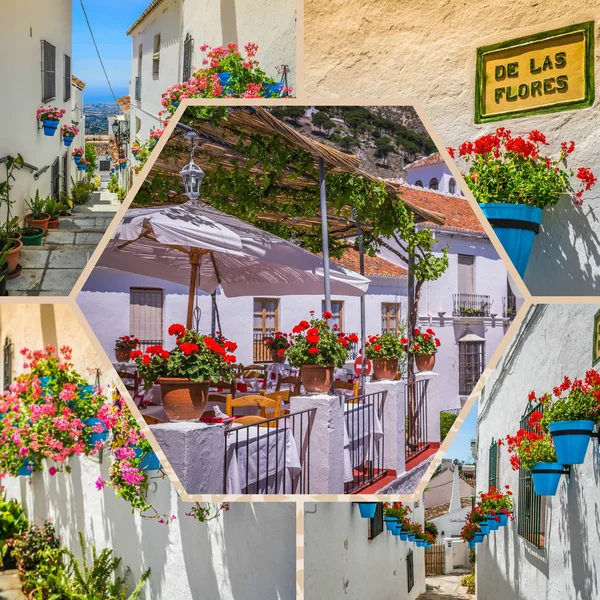 Collage van Mijas met bloempotten in gevels. Andalusische witte dorp. Costa del Sol — Stockfoto