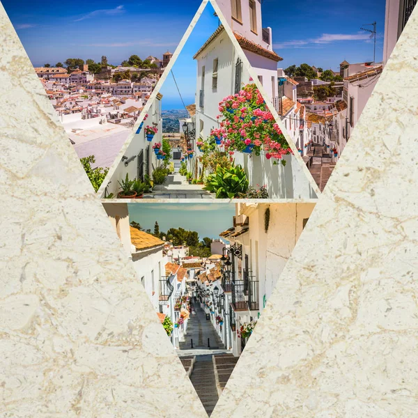 Collage von Mijas mit Blumentöpfen in Fassaden. andalusisches weißes Dorf. costa del sol — Stockfoto