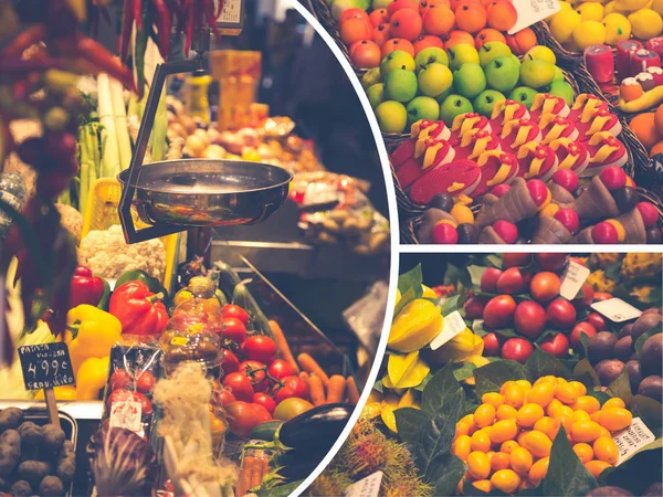Collage Mit Leckerem Obst Und Gemüse — Stockfoto