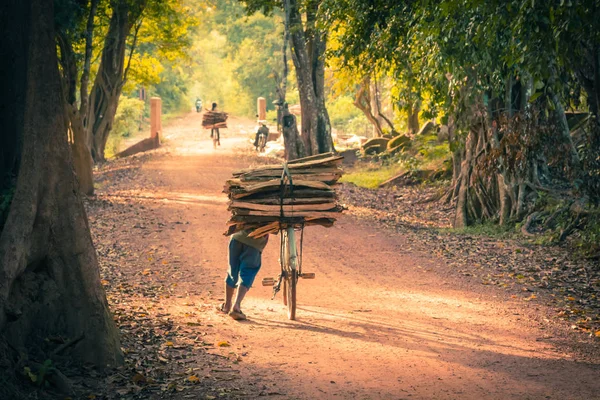 Ciclista su Dirt Road nella giungla. Cambogia — Foto Stock