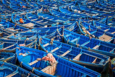 Essaouira, Fas limanında bir sürü mavi balıkçı teknesi var.
