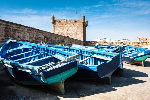 Lots of blue fishing boats in the port of Essaouira, Morocco — Stock Photo, Image