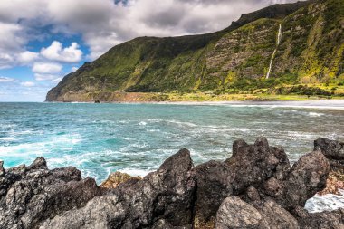 Azores kıyı şeridi manzara Faya Grande, Flores Adası. Portug