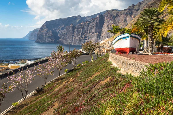 Los Gigantes, T okyanusta yakınındaki renkli boyalı balıkçı teknesi — Stok fotoğraf