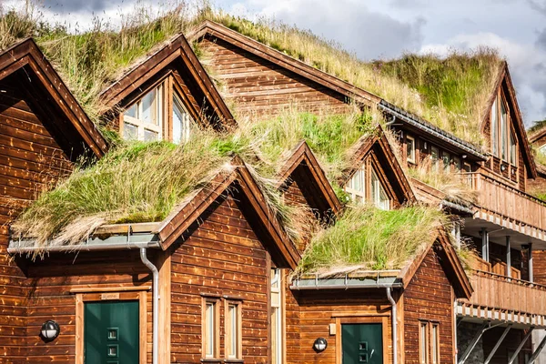 Casa típica norwegian com grama no telhado — Fotografia de Stock