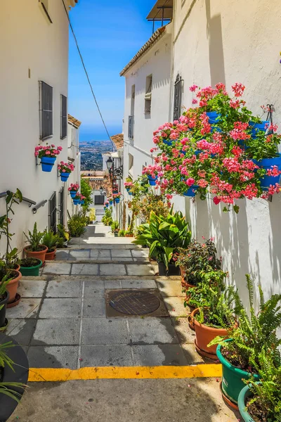 Malerische Straße der Mijas mit Blumentöpfen in den Fassaden. Andalusien Stockbild