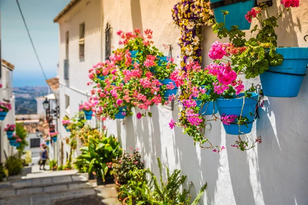 Malerische Straße der Mijas mit Blumentöpfen in den Fassaden. Andalusien lizenzfreie Stockbilder