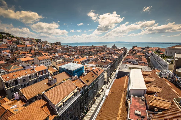 Lisbon, Portugal city skyline over Santa Justa Rua. — Stock Photo, Image