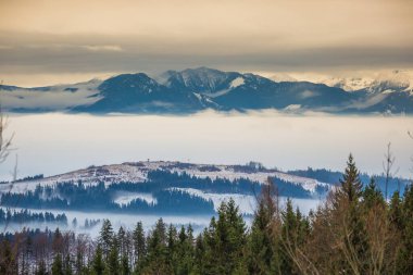 Winter landscape. Mountains in the winter. Mountains above the c
