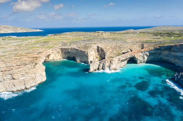 Aerial Drone Photo Famous Blue Lagoon Mediterranean Sea Comino Island — Stock Photo, Image