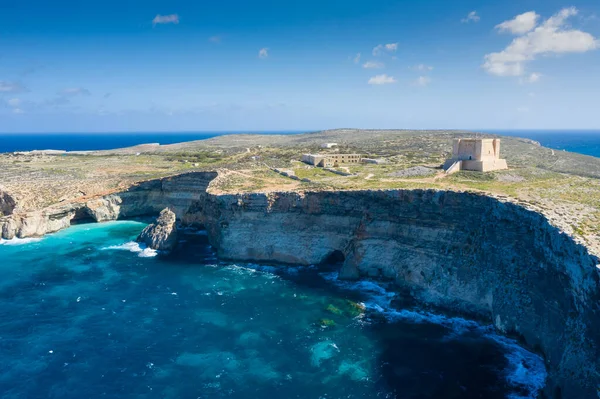 Aerial Drone Photo Famous Blue Lagoon Mediterranean Sea Comino Island — Stock Photo, Image