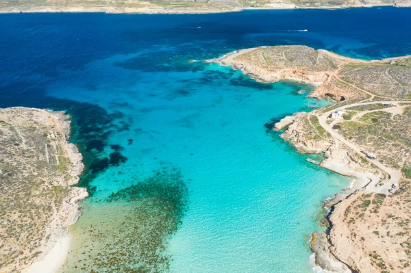 Aerial Drone Photo Famous Blue Lagoon Mediterranean Sea Comino Island — Stock Photo, Image