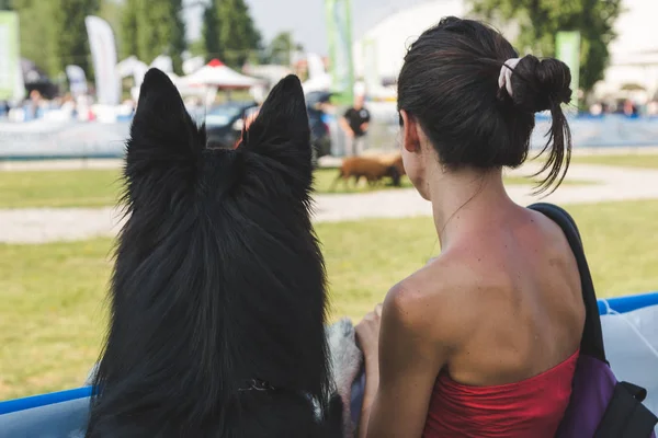 Dog and its owner at Quattrozampeinfiera in Mialn, Italy — Stock Photo, Image