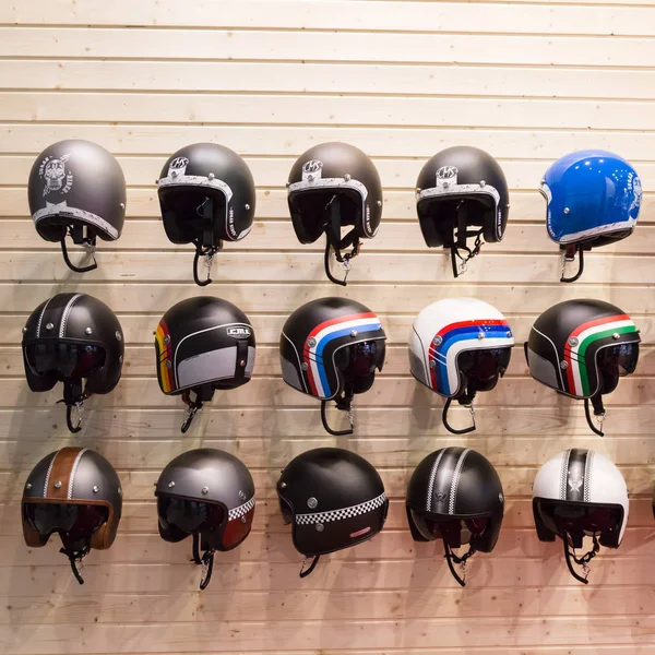 Helmets on display at EICMA 2017 in Milan, Italy — Stock Photo, Image