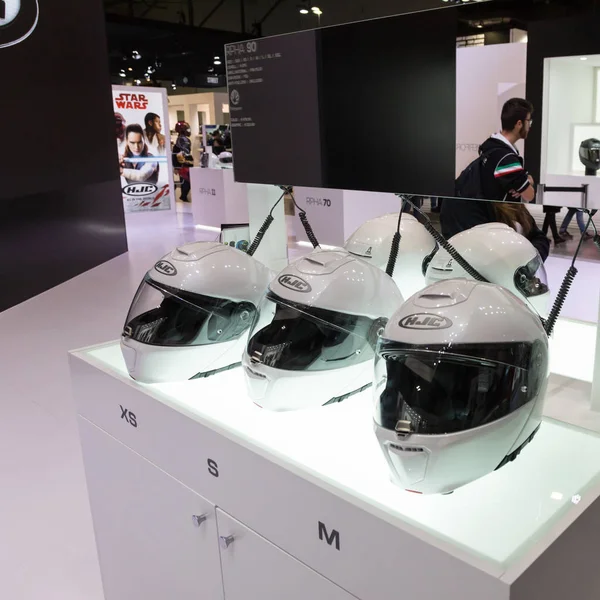 Helmets on display at EICMA 2017 in Milan, Italy — Stock Photo, Image