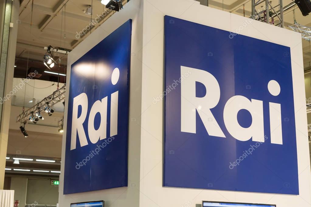 MILAN, ITALY - MARCH 8: Rai, Italian Broadcasting Corporation, logo at Tempo di Libri, the new Italian Publishing Fair on MARCH 8, 2018 in Milan.