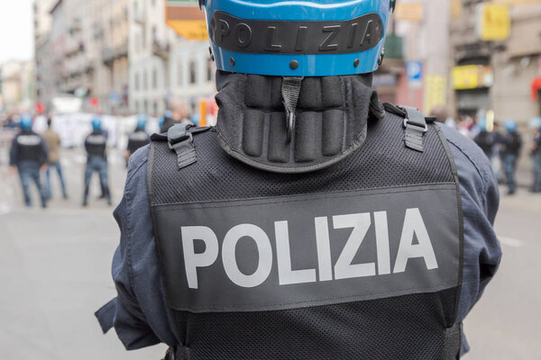 Riot police during a demonstration in Milan, Italy