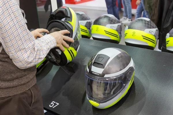 Helmets on display at EICMA 2019 in Milan, Italy — Stock Photo, Image