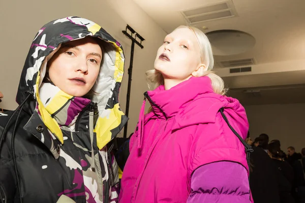 stock image MILAN, ITALY - FEBRUARY 21: Gorgeous models pose in the backstage just before Budapest Select show during Milan Women's Fashion Week on FEBRUARY 21, 2020 in Milan.