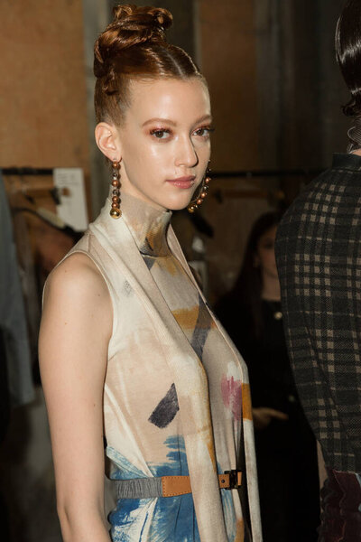 MILAN, ITALY - FEBRUARY 22: Gorgeous models pose in the backstage just before Cividini show during Milan Women's Fashion Week on FEBRUARY 22, 2020 in Milan.