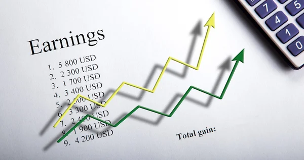 Tabla con ganancias con dígitos, calculadora y diagrama — Foto de Stock