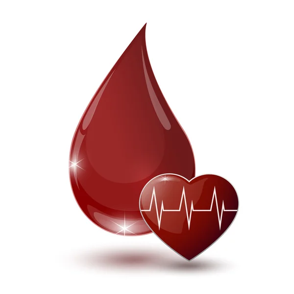 Large glossy red drop of blood with medical sign heart — Stock Vector
