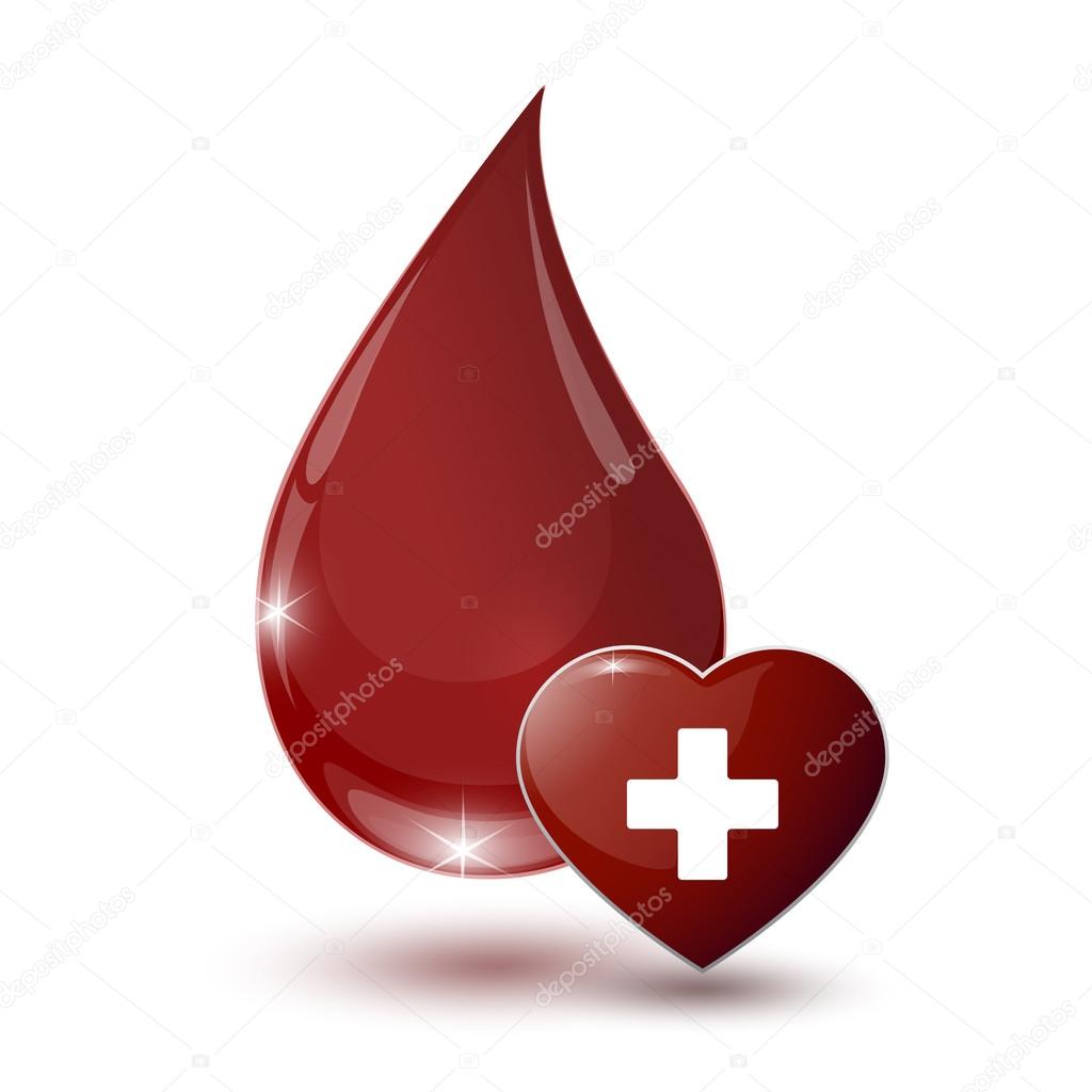 large glossy red drop of blood with medical sign heart