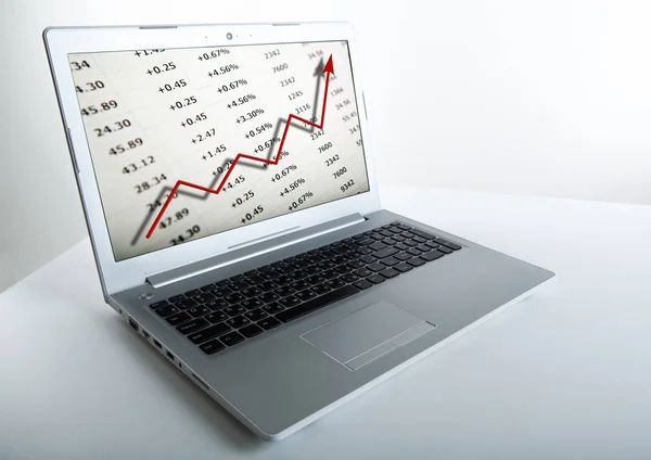 Arbeiten an einem Laptop Analytics Prognosen Berechnungen — Stockfoto