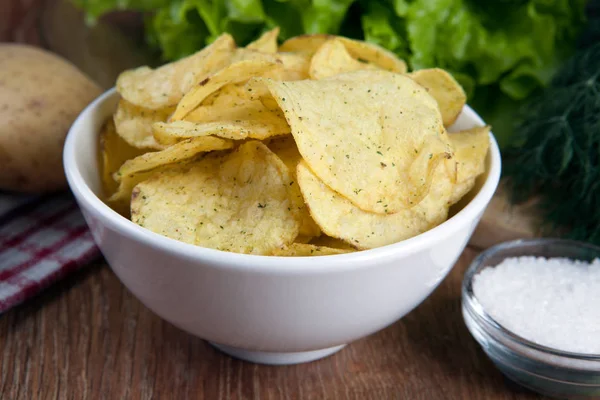 Still life from a glass bowl with potato chips — Stock Photo, Image