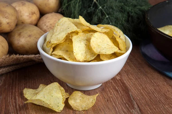 Still life from a glass bowl with potato chips — Stock Photo, Image