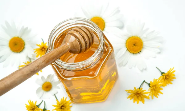 Натюрморт зі свіжого меду та квітів — стокове фото