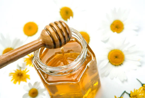Bodegón de miel fresca y flores — Foto de Stock