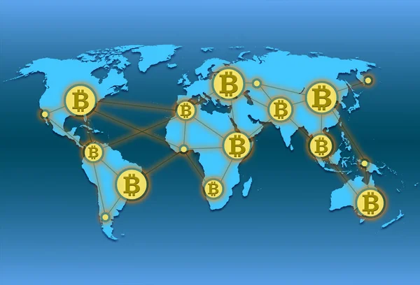 Världskarta med världen nätverk och krypto valuta bitcoin — Stockfoto