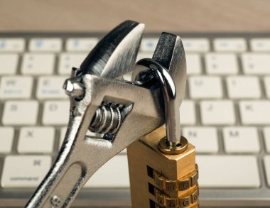 Bir bilgisayar anahtarına karşı ayarlanabilir bir anahtarda asılı asma kilit