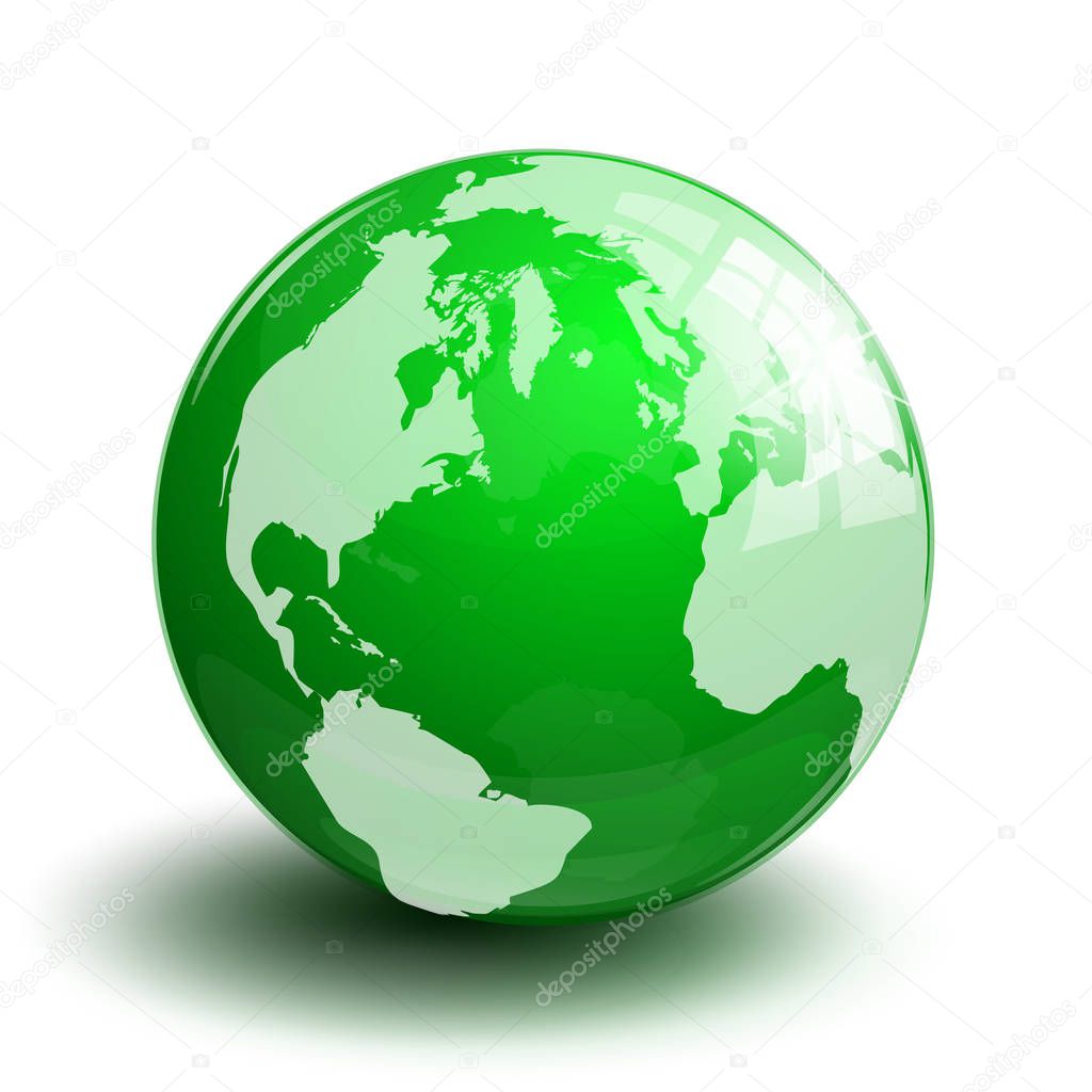 Green transparent glass planet earth globe on a white
