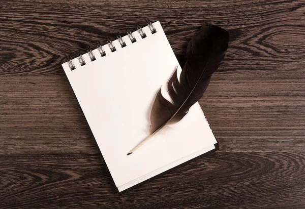 Writing Pen Notebook Wooden Table Top View — Stock Photo, Image