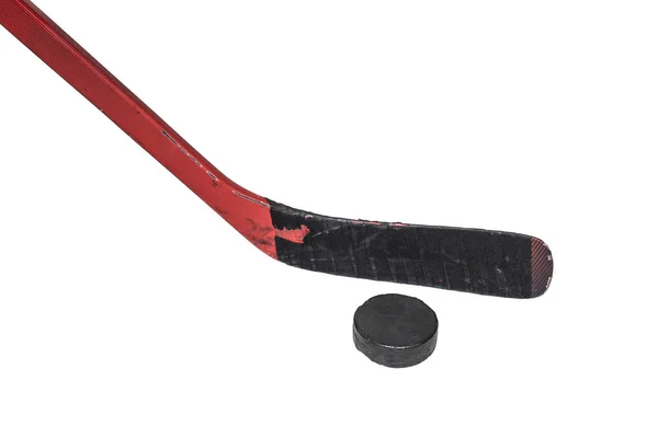 Well Used Hockey Stick Puck Isolated White Background — Stock Photo, Image