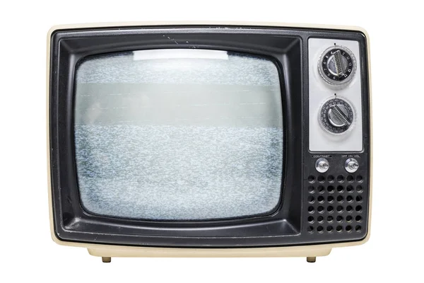 Statik video geribildirim üstünde belgili tanımlık perde beyaz bir arka plan üzerinde izole bir vintage tüp televizyon.