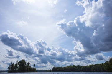 Rustik bir görünüm arasında bir göl Kanada boş bir göl, bir ağaç kıyıya ve dinamik bir gökyüzü bulutlar çok dolu.