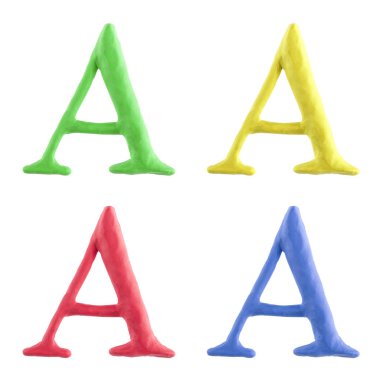 Özel büyük harf hamuru dört farklı renkte yapılmış bir el. Bu benzersiz karakter beyaz bir arka plan üzerinde izole.