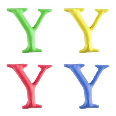 Hamuru dört farklı renkte yapılmış bir özel büyük harf Y el. Bu benzersiz karakter beyaz bir arka plan üzerinde izole.