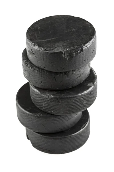 Stack Five Used Hockey Pucks Isolated White Background — Stock Photo, Image