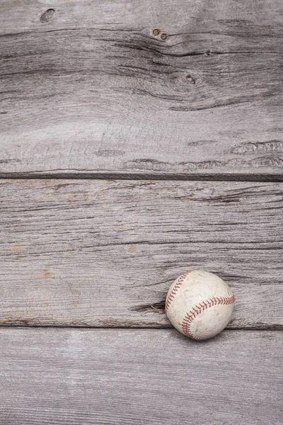 Worn Baseball Sits Rustic Wooden Background Photograph Shot Portrait Format — Stock Photo, Image